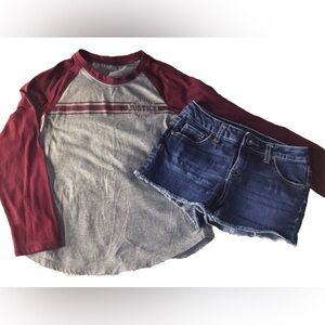 JUSTICE Girls size 8 JERSEY SHIRT JEAN SHORTS OUTFIT